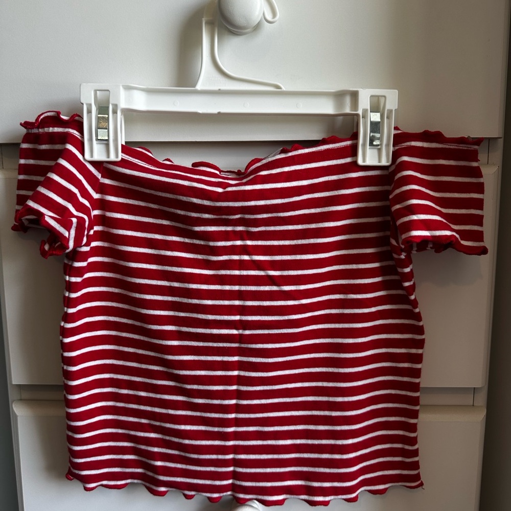 TRUE red. Red and White Striped Off-Shoulder Top